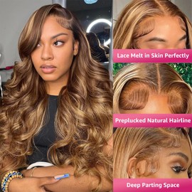 BMNH Ombre Honey Blonde Lace Front Wig Human Hair 13x6 Highlight Body Wave Lace Front Wig Human Hair Pre Plucked With Baby Hair 4/27 HD Lace Wig Human Hair 200% Density Colored Wigs 34 Inch