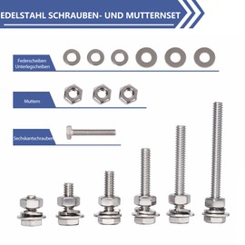 180-teiliges Schrauben- und Mutternsortiment aus 304 Edelstahl, 1/4-20 Zoll Gewinde, verschiedene Längen 13–76,2 mm, mit Unterlegscheiben & Federringen