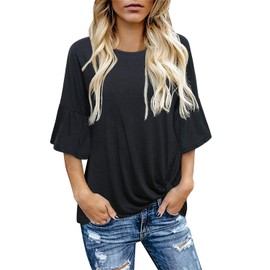 Knot Shirts for Women, Woman's Crew Neck 3/4 Bell Sleeve Dress Tshirt Designer Side Twist Knotted Easy Loose Fit Solid Comfy Tunic Blouse Tops Black Large