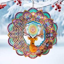 FONMY Santa Deer Wind Spinner 3D Stainless Steel Christmas Decoration Worth Gift Garden Decor. Indoor Outdoor Hanging Ornament 12inch Metal Wind Spinners