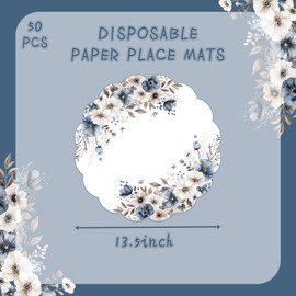 50 Pcs Dusty Blue Flower Paper Place Mats, 13.5 inch Cream Floral Butterfly Scalloped Disposable Placemats Round Placemats for Table Paper Decoration for Wedding, Birthday, Bachelorette Party