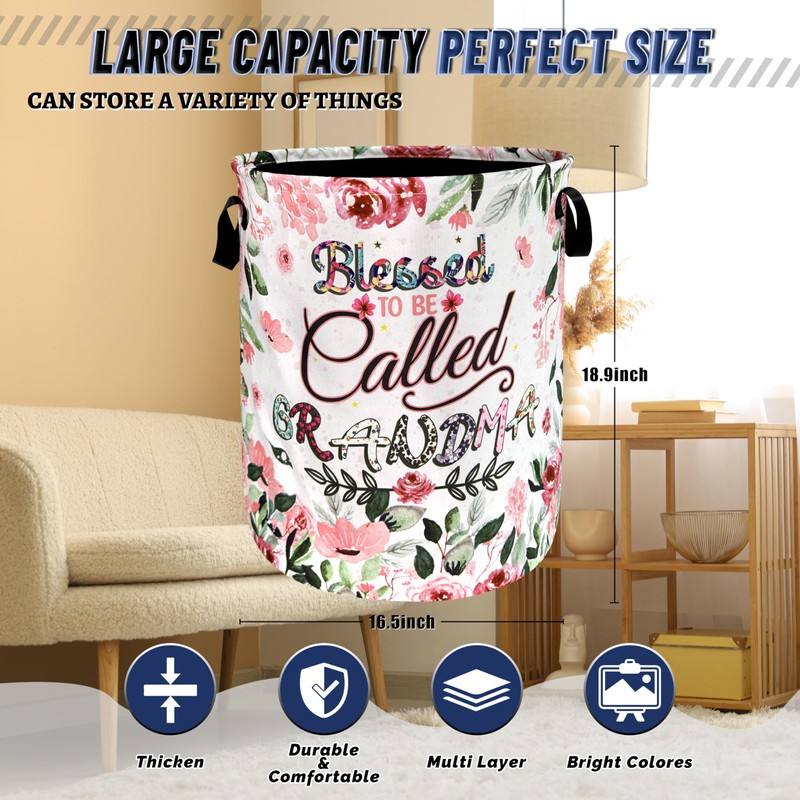 Blessed Grandma With Pink Flowers Laundry Hamper Oxford Cloth Floral