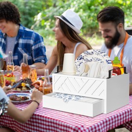 Paper Plate Dispenser with Drawer, Paper Plate Holder for Kitchen Counter, Wood Rustic Silverware Utensil Caddy, Cutlery Flatware Organizer for Cup Spoon Fork Plates Napkins, White Kitchen Accessories