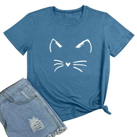 BLACKOO Women Cat Graphic Tee Cute T-Shirts Heather Indigo X-Large