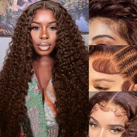 TOYERE 30Inch Chocolate Brown Lace Front Wig Deep Wave Lace front Wigs Human Hair 13x6 Deep Wave Lace Front Wigs Human Hair 200 Density Deep Dave Wig Natural Hairline with Baby Hair 4#