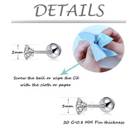 Tornito 12 Pairs Tiny Stud Earrings Stainless Steel Round Cubic Zirconia Barbell Stud Earrings Set For Men Women Screw Flat Back Earrings 2MM-3MM 20G