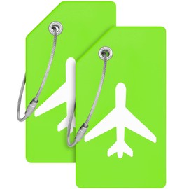 Mifflin-USA Silicone Luggage Tags (Green, 2 Pack) with Plane Embedded Design & Name ID Card; Bright Colors to Quickly Find Your Bag