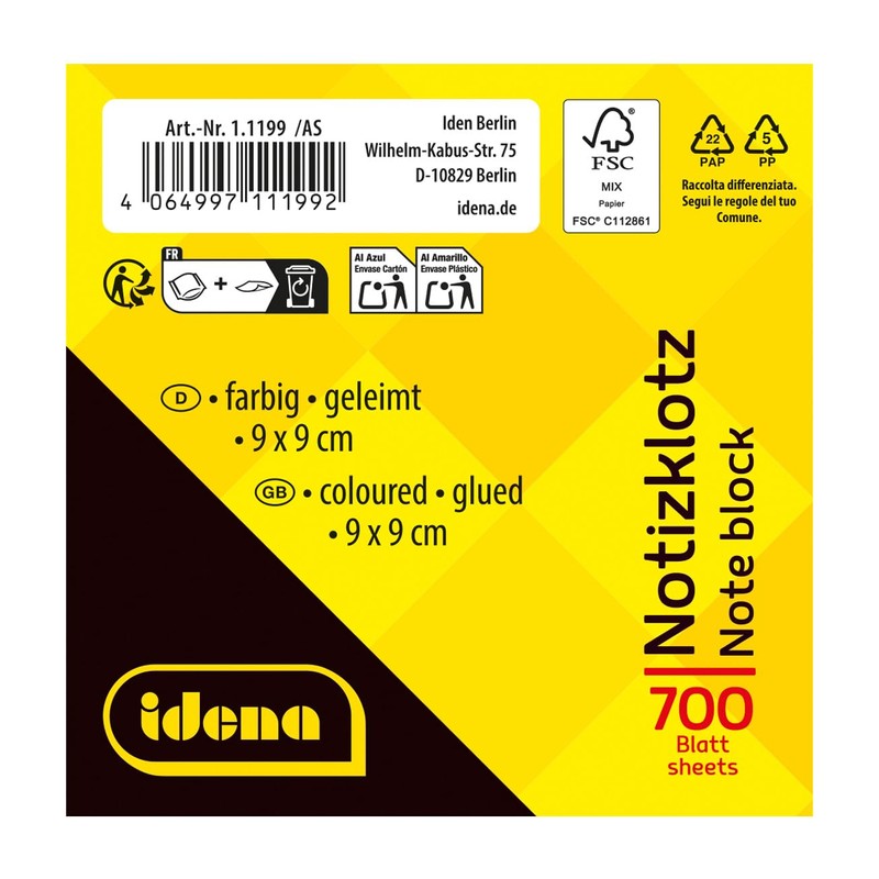 Idena 11199 Notepad, 9 x 9 cm, 700 Sheets Glued,