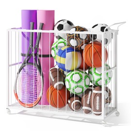 Homsorout Ball Storage Bin Rolling Sports Ball Cart, Metal Garage Organizer Sport Rack, Ball Basket Storage, Ball Cage for Garage or Gym, Indoor & Outdoor Sports Equipment Organizer（white）