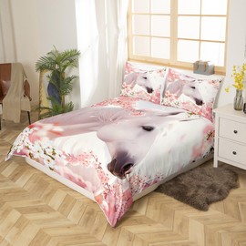 Feelyou Kids Horse Bedding Set Cherry Blossoms Duvet Cover Twin Size for Boys Girls Bedroom Decor Cute Animal Decor Comforter Cover Set Pink and White Bedspread Cover with 1 Pillow Case(No Comforter)