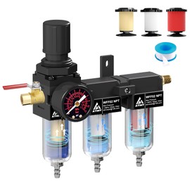 ATINY 1/4" NPT 3 Stage Air Drying System,Air Dryer System Air Dryer for Compressor,5 &0.5 &0.01 Micron Filter Cartridge Air Compressor Filter,Semi-Auto Drain,with Ball Valve Metal Bracket-Blue