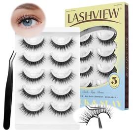 LASHVIEW Pestañas autoadhesivas, 5 pares de pestañas postizas a presión de aspecto natural, sin necesidad de pegamento, reutilizables, ojo de gato, pe