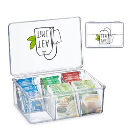 Relaxdays Plastic Tea Box, 6 Compartments, Tea Box with Lid, H x D: 9 x 21.5 x 15 cm, Tea Bag Storage, Transparent