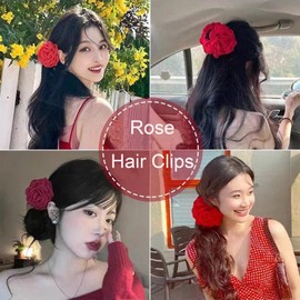 Agirlvct Hair Clips Flower, 2 Pack Large Hawaiian Claws Clips,3.15 Inch Floral Hair Clips for Travel Holiday Beach Women Girls Mother Thin Thick Hair Blooming Rose Non Slip Strong Hold (Pink Red)