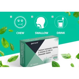 PUROSURE Calcium Carbonate 1500mg with Vitamin D3 400 IU – Mint Flavour | 56 Chewable Tablets | Bone & Teeth Health Easy-to-Chew Calcium + D3 Supplement (Mint Flavour - 56)