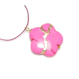 Kintsugi 20mm Pink Howlite Broken Sakura Blossom Mended with 23k Gold, Cord Necklace