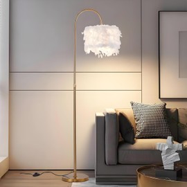 Kardleen Arc Feather Floor Lamp, Gold Modern LED Feather Standing Lamp, Natural Feather Decorative Tall Lamp with Foot Switch, Brass/Gold Finish, for Living Room Bedroom Office Shop Window