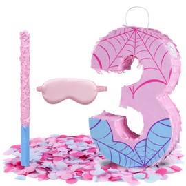 Pink Spider Web Number 3 Pinata, 16 Inch Spider Web Piñata for Boys Girls 3rd Birthday Party Decorations with Stick, Blindfold and Confetti (Spider Web Number 3 Pinata)