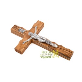 8 Inch Wall Cross for Home Décor, Olive Wood Crucifix Cross made in the Holy Land, Living Room Office Entryway Cross, Comes with Certificate of Authenticity