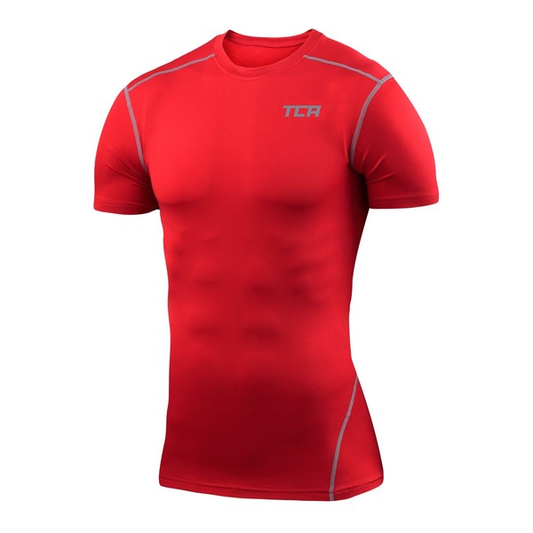 TCA Homme Pro Performance T-Shirt de Compression à Manches Courtes - Rouge, XL Garçon (12 à 14 Ans)