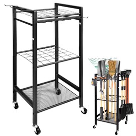 KIPHCA Garden Tool Organizer with Storage Hooks - Yard Tool Tower Rack for Garage Organization, Holds Up to 35 Long-Handled Tools, Heavy-Duty Metal Holder with 6 Adjustable Hooks, Black