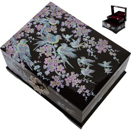 February Mountain Mother of Pearl Jewelry Box Two Layer Jewelry Organizer for Earring, Ring, Necklace, Bracelets, Watch Gifts for Her (Birds with Apricot flower)