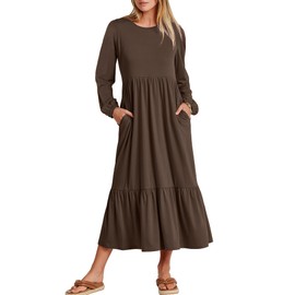 ANRABESS Women's Casual Long Sleeve Midi Dress 2024 Fall Crewneck A Line Tiered Flowy Loose Trendy Dresses with Pockets Coffee Large