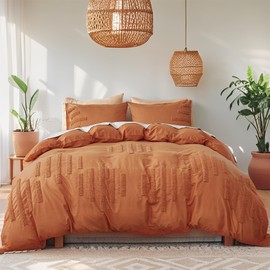 Simple&Opulence Boho Tufted Duvet Cover Set King Size, 100% Washed Cotton 3 Pieces Pumpkin Textured Embroidery Comforter Cover, Soft Breathable Jacquard Shabby Chic Farmhouse Bedding for All Seasons