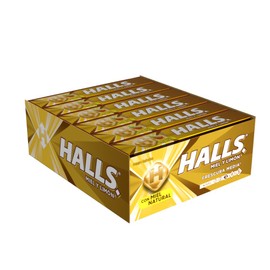 Halls Caramelo macizo sabor miel y limón, caja con 12 paquetes de 25.2 gr cada uno