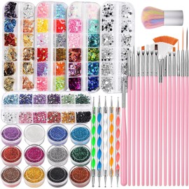 Nail Art Kit, Nail Design Tools Kit with Nail Art Brushes, Nail Dotting Tools,Fine Glitter,Nail Butterfly, Nail Heart Glitter Sequins, Nail Foil Flakes, Nail Art Rhinestones, Nail Dust Brush (Pink)