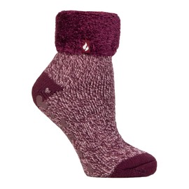 HEAT HOLDERS Ladies Lounge Feather Turn Over Cuff Slipper Socks Pack of 1 Ara Cabernet 4-8