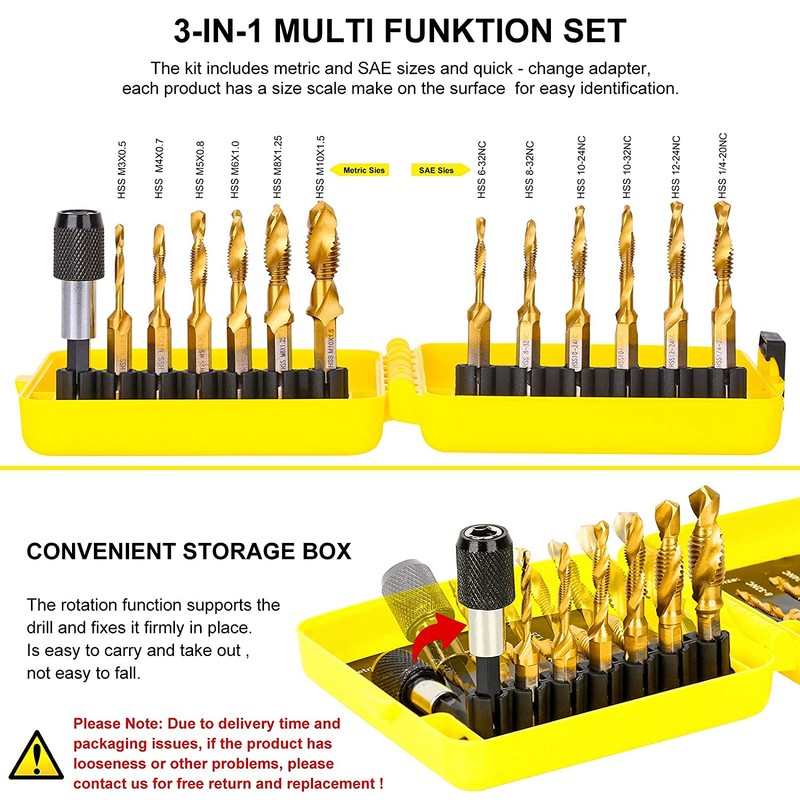 TOPEC Tap Bit Set, 3-in-1 HSS Titanium Coated Combination Drill