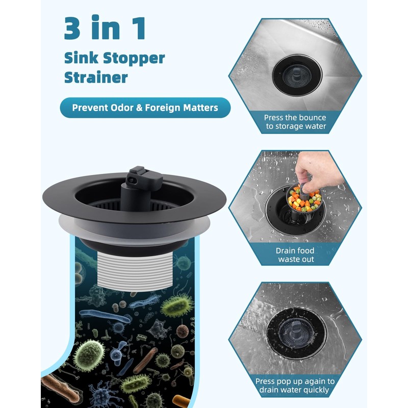 Universal 3 in 1 Kitchen Sink Drain Strainer Stopper Combo,