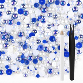 ASTARON 50g Mix Flatback Rhinestones Half Pearls for Crafts Mixed Size 3mm-10mm Flat Back Rhinestones for Crafts Flatback Pearls for Decorating Tumblers Mugs Nail Art Shoes (Blue White Series)