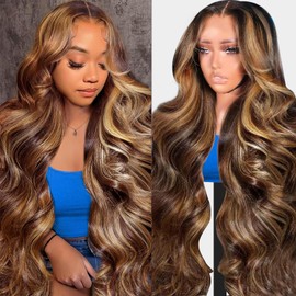 MIGURA Highlight Ombre Wig Human Hair 200 Density Body Wave 13x4 HD Lace Front Wigs Human Hair Pre Plucked with Baby Hair 4/27 Honey Blonde Ombre Wig Frontal Glueless Wigs for Women 24 Inch