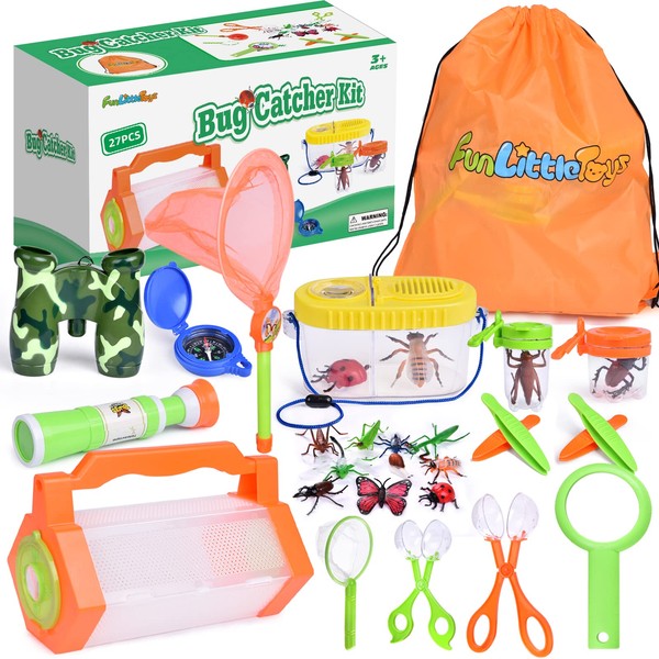 FUN LITTLE TOYS Bug Catcher Kit for Kids, Outdoor Exploration Set, Bug Catching Kit for 5-12Years Old Boys Girls, Binoculars, Bug Butterfly Net Container,Compass, Backpack, Educational Kit Toys(27PCS)