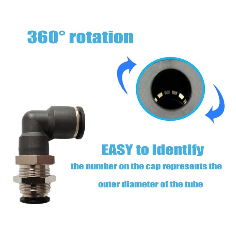 Jienk 5Pcs Bulkhead Elbow 1/4" x 1/4" Tube OD Push