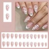 Floral White French Tip False Nails Medium Almond, SXVME Glitter
