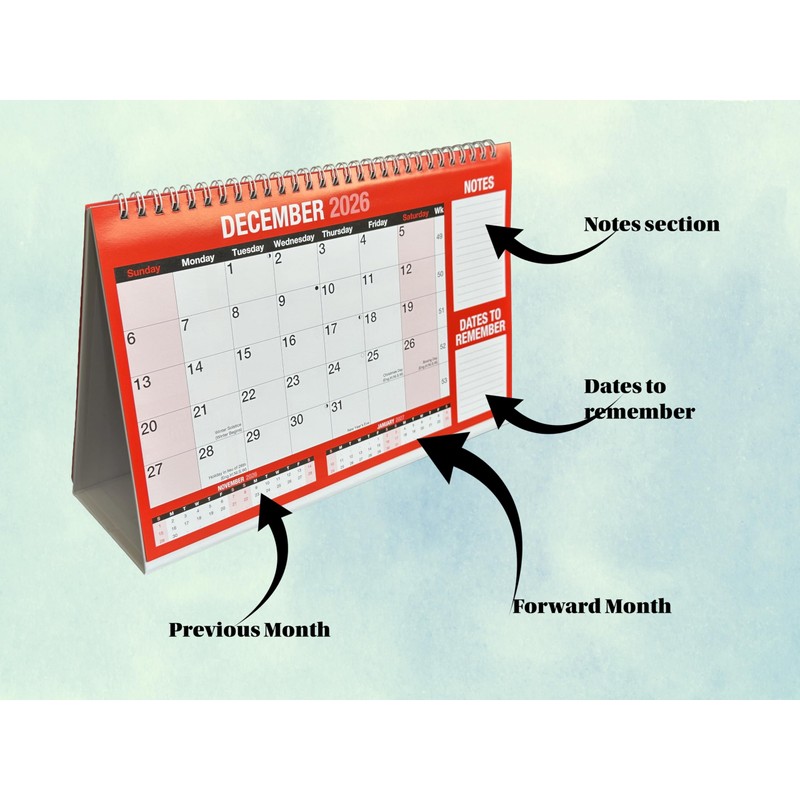 2026 Desktop Calendar Freestanding Flip Month to View Spiral Bound