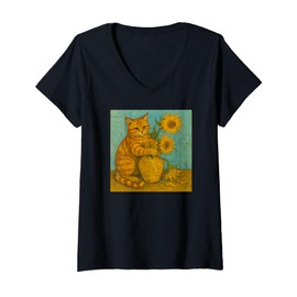 Womens Sunflowers Orange Tabby Cat Famous Artist Painting Novelty V-Neck T-Shirt