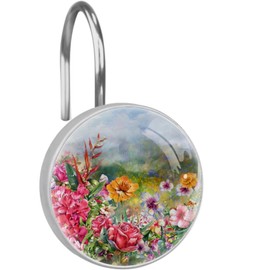 Flower Rose Spring Floral Decorative Shower Curtain Hooks Rings Set of 12 Hooks for Shower Curtain Rustproof Curtain Rings for Bathroom