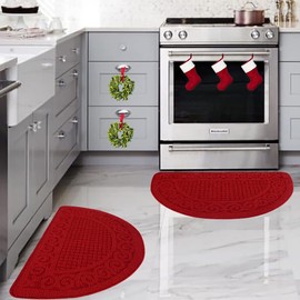Red Kitchen Rugs Mats for Floor 2 Piece 18”X30”, Non Slip Washable Kitchen Mat, Absorbent Standing Throw Rug,Half Circle Carpet for Front of Sink,Laundry Room,Entryway,Christmas Xmas