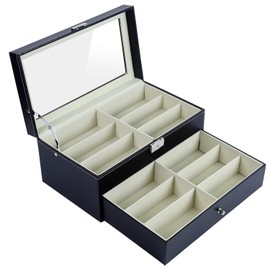 KINJOEK 12 Slot Double-Deck Sunglasses Organizer Storage Drawer Box for Women Men Eyewear Display Case Collector PU Leather