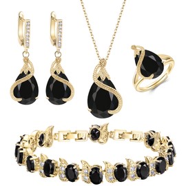 EVER FAITH Boda Sets de Joyería Cristal Zirconia Cúbica Piedra Natal Gota de Agua Boda Collar Arete Set para Novia Regalo para cumpleaños/Día de la Madre/Navidad Negro Tono Dorado