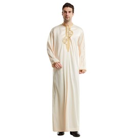 Men Arabic Long Sleeve Embroidery Thobe Stand Collar Kaftan Robe