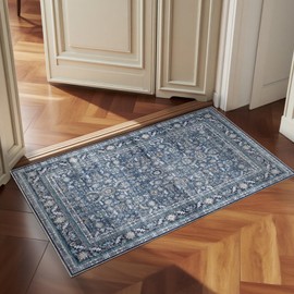 OPPODREAM Vintage Blue 2x3 Washable Rug, 2 x 3 Retro Door Mat Indoor Entrance Non Slip, Low-Pile Faux Wool Throw Carpet, Soft Distressed Navy Floor Mat for Kitchen, Hallway, Entry-Way, Back Door