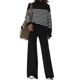 AOHITE Womens 2 Piece Outfit Set Long Sleeve Knit Pullover Sweater Top and Wide Leg Pants Sweatsuit Black And White Large