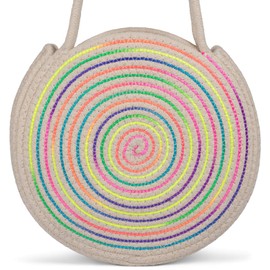 styleBREAKER Ladies Round Bali Bag shoulder bag with colorful neon thread and braided bag strap, handle bag 02012341, color:Beige