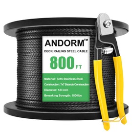 Andorm 1/8 800ft T316 Stainless Steel Railing Cable Wire Rope 7x7 Strands Construction for Deck Cable Railing System, Cable Railing Hardware, Aircraft Cable Kits
