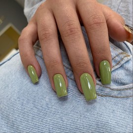 KQueenest Glossy Olive Green Press on Nails Long Medium Square, Pure Color Coffin Fake Nails Press ons, Press on Acrylic Nails Natural, Thick Glue on Nails for Women DIY Salon Manicure Nail Art Design